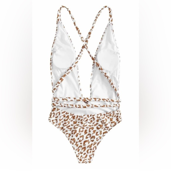 Leopard Animal Print Low Cut One Piece Monokini Swimsuit Tan White Size L Large - Picture 3 of 9